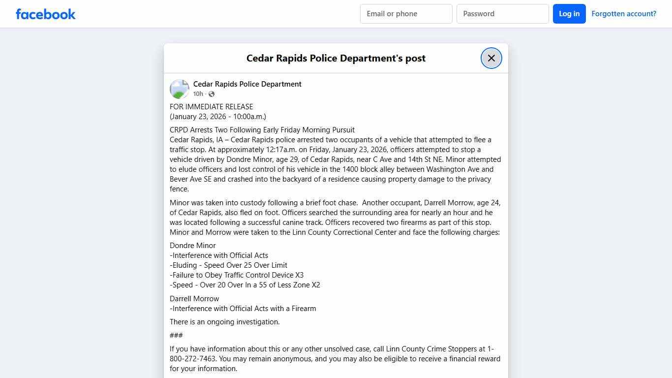 FOR IMMEDIATE RELEASE... - Cedar Rapids Police Department Facebook