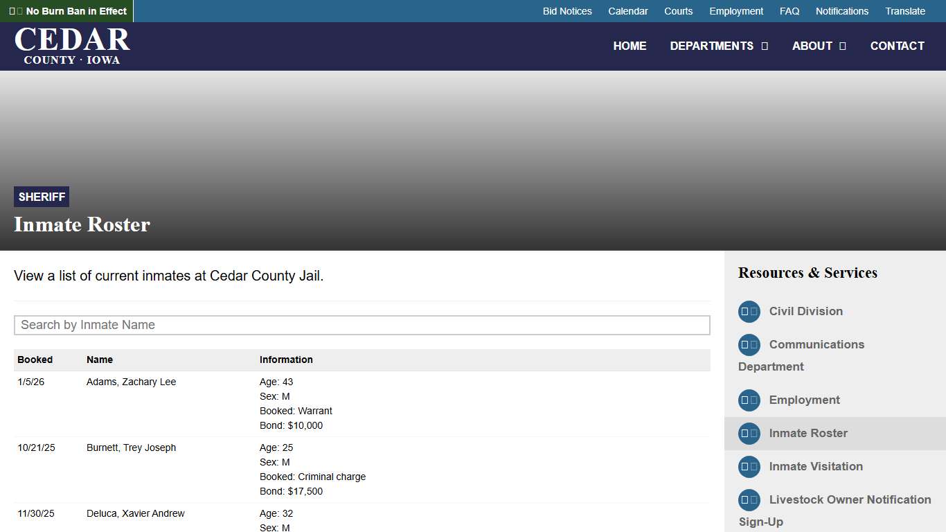 Inmate Roster - Sheriff's Office - Cedar County, Iowa